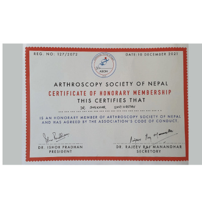 Arthroscopy Society of Nepal- Certificate of Honorary Membership